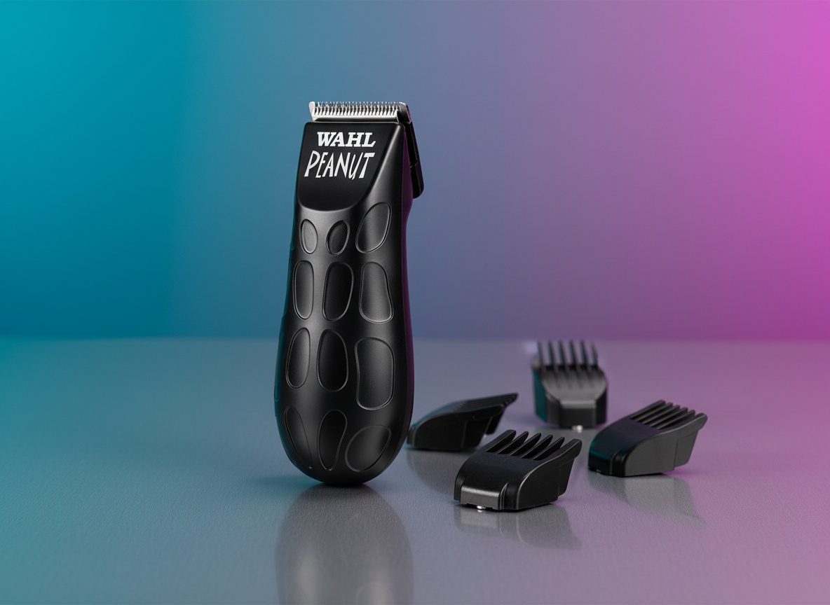 Wahl Peanut trimmer in extreme close-up showing compact motor head and guide attachments with shallow depth of field