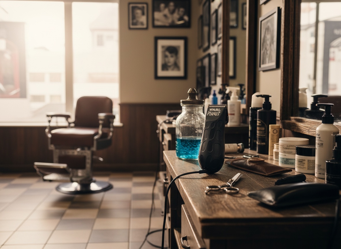 Wahl Peanut trimmer positioned on wooden shelf in a professional barbershop environment with grooming tools nearby