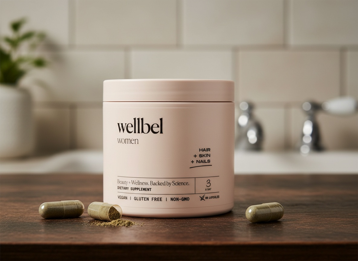 WELLBEL Women Clean Supplement for Hair, Skin, and Nails, Vegan, Gluten Free and Non GMO 90 Count — close-up detail shot