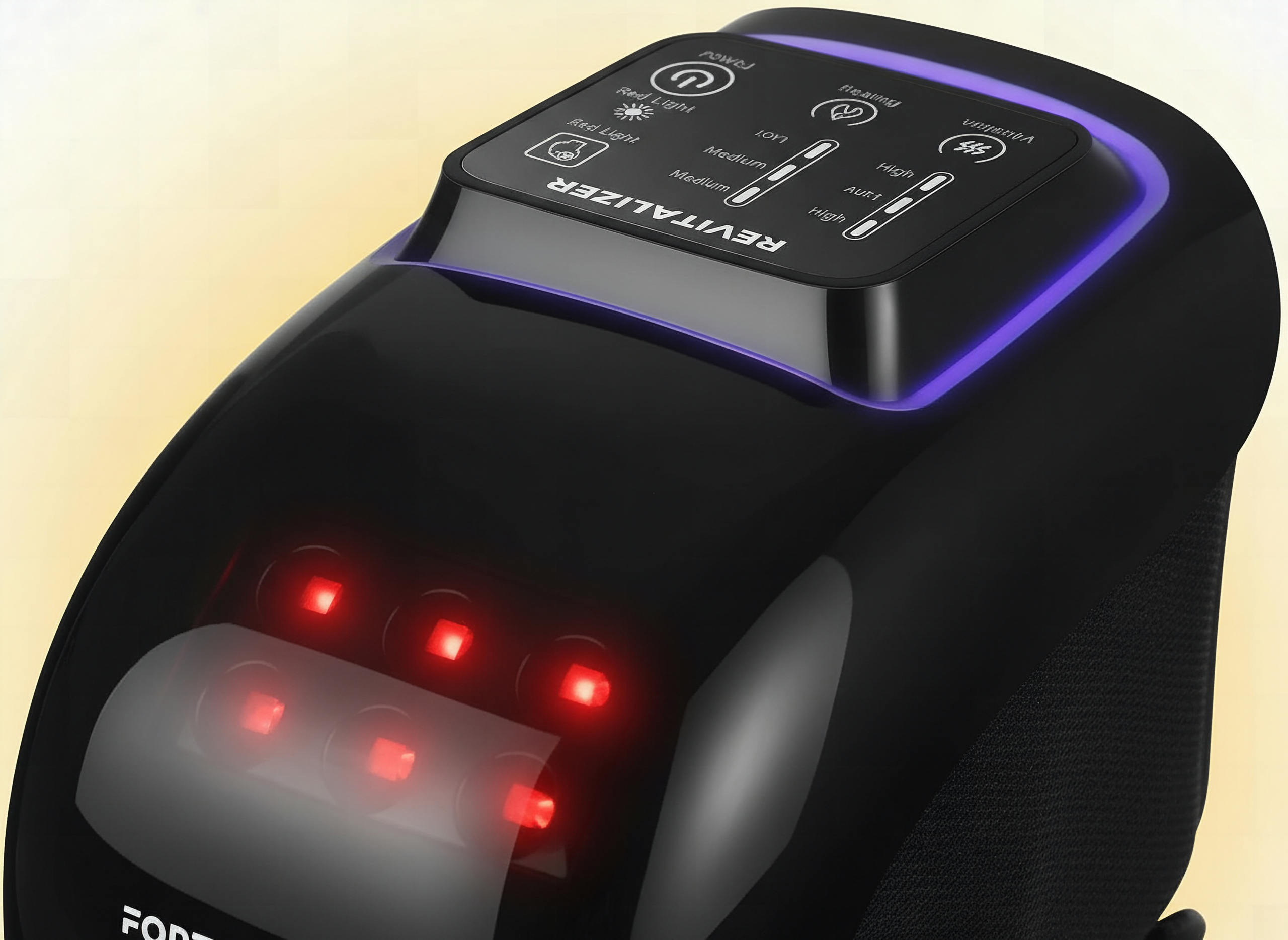 FORTHiQ Knee Massager Pro+ close-up showing illuminated red light therapy nodes and control panel