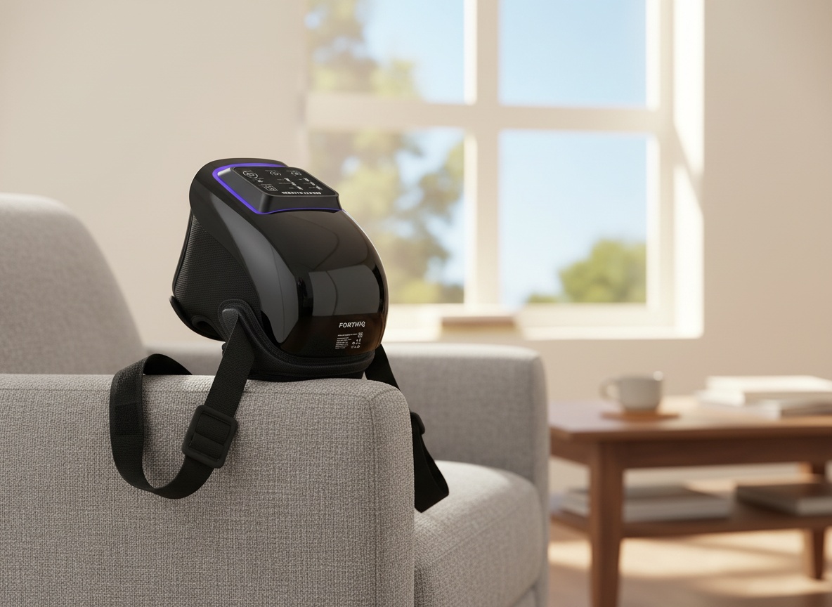 FORTHiQ Knee Massager positioned on an armchair in a modern living room setting with natural light