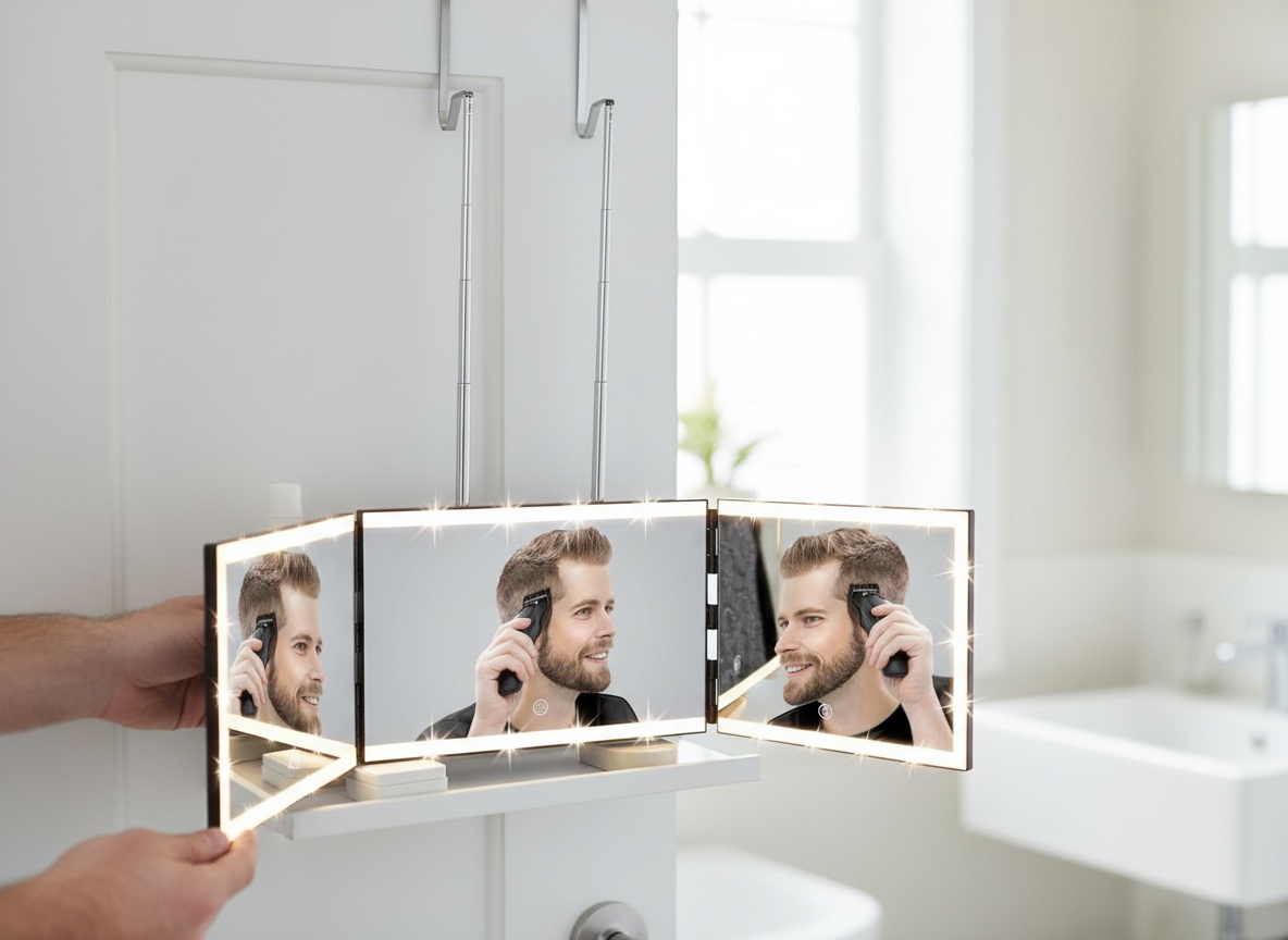 XIGETRAIL Rechargeable 3 Way Mirror for Self Hair Cutting with 8 Light Strips & Telescoping Hooks for Makeup,Shaving