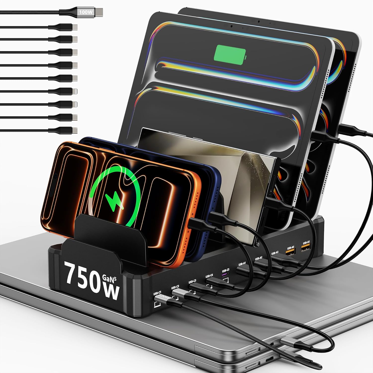 750W Charging Station for Multiple Devices, Zobirez 10-Port Fast Charger, 5 USB-C 120W Each and 5 USB-A 30W Each, Deskto