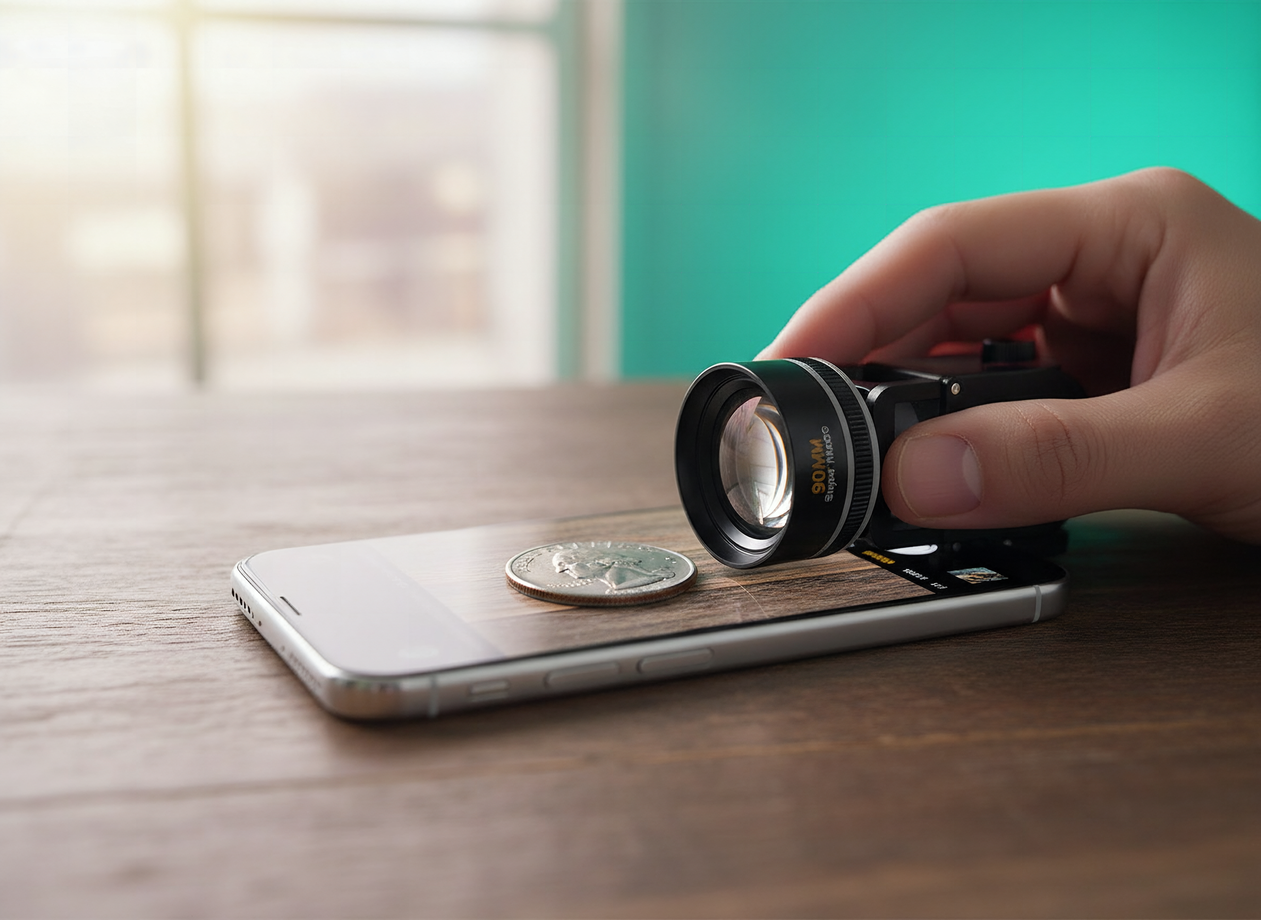 90mm Macro Lens for Smartphone: A person clipping a black 90mm macro lens onto a smartphone to photograph a quarter coin
