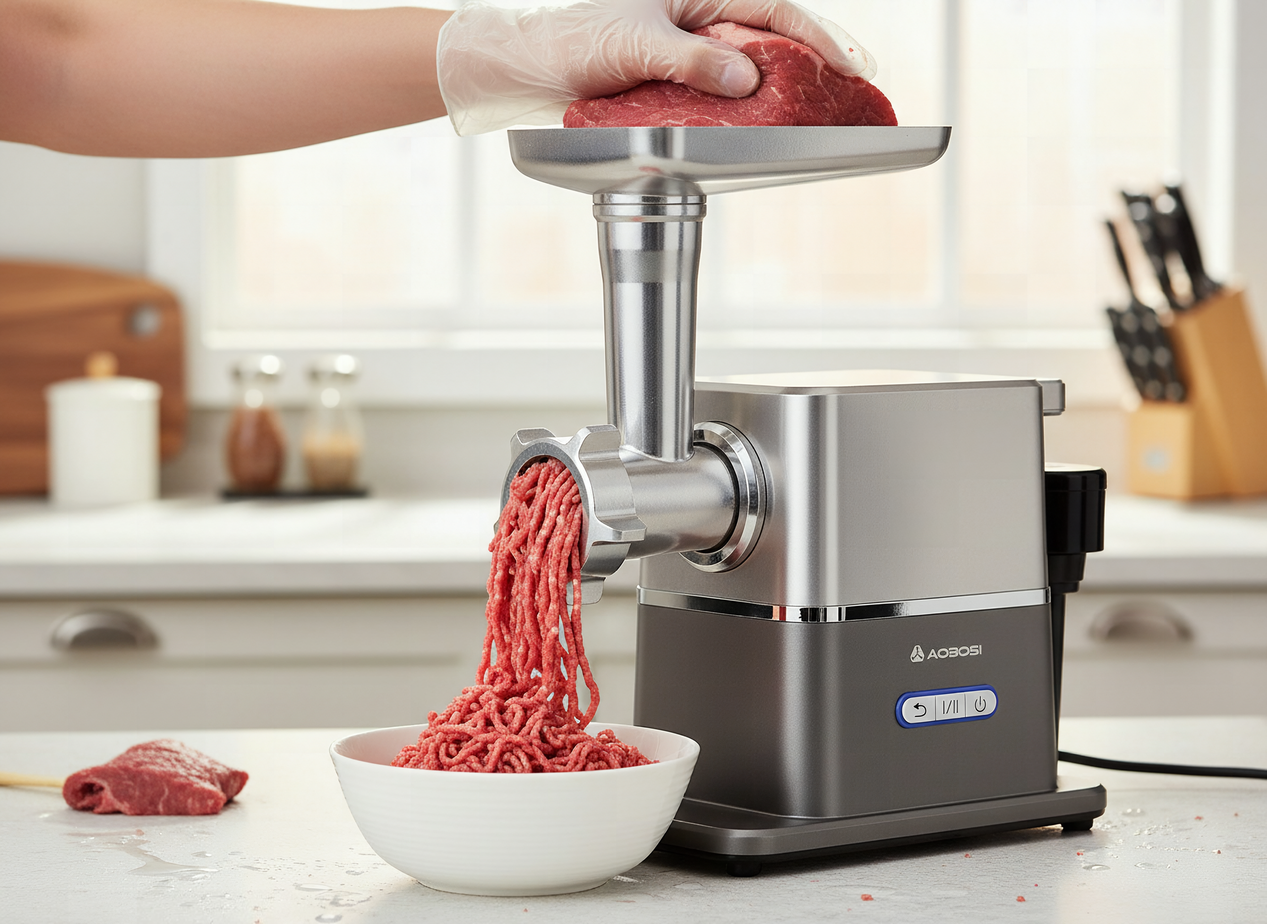 AAOBOSI Meat Grinder Electric 3000W Max with 60dB Quiet DC Motor, Auto-Reverse & Storable Food Pusher - 3 Speed Settings