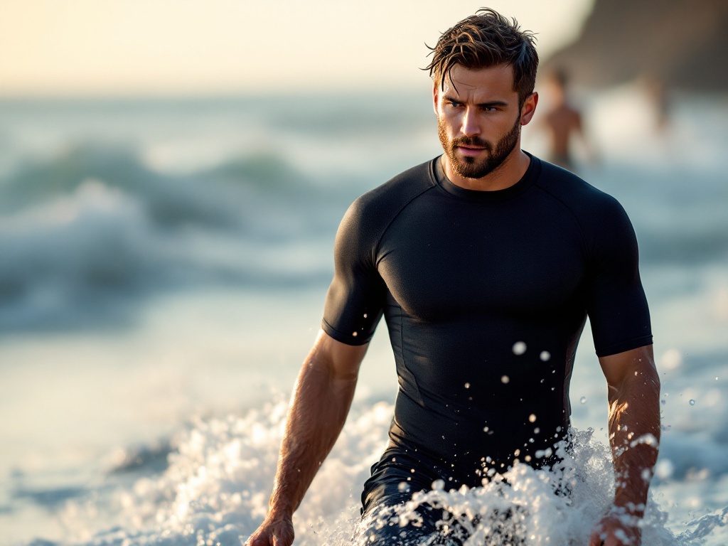 Is This the Best UPF50 Rash Guard? (Performance Test): A fit man wearing a black short sleeve performance rash guard wal
