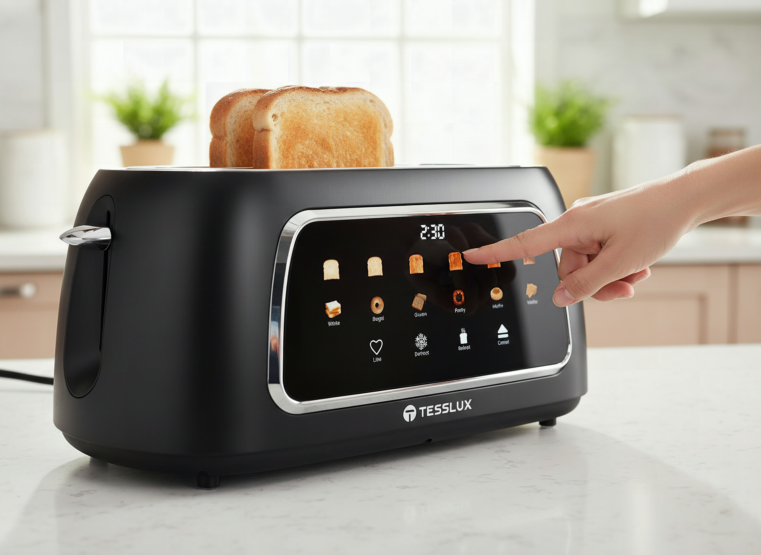 Tesslux 4 Slice Toaster with Touch Screen Control, 1.5" Wide Long Slots, 6 Browning Levels & 6 Bread Types, Digital Time