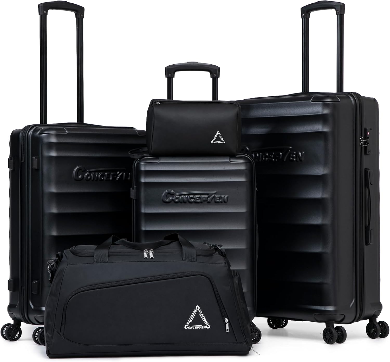 Complete five-piece hard shell luggage set displayed in corner of a modern bedroom with natural light