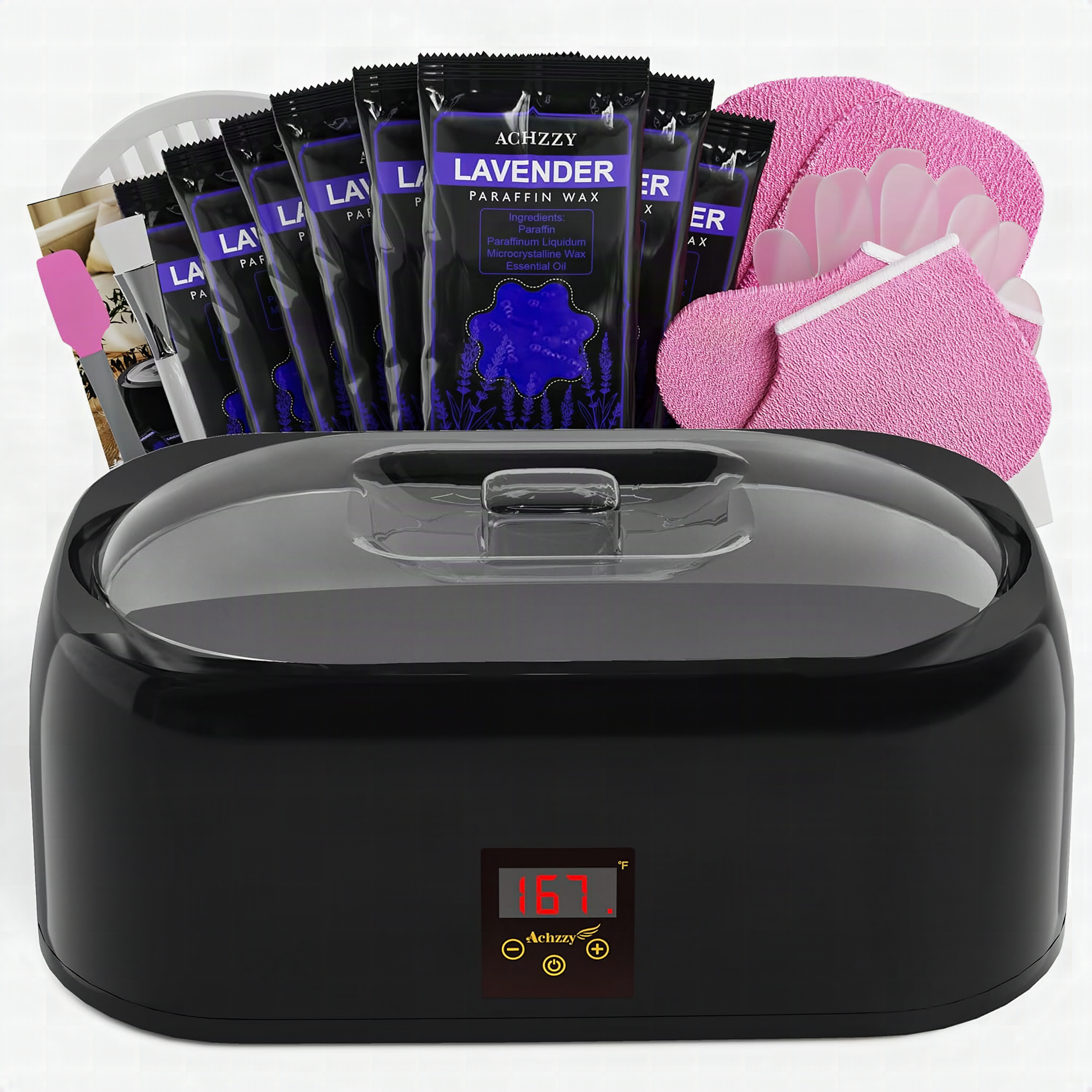 Close-up of the Achzzy wax machine's LED temperature display and control panel with warm backlighting