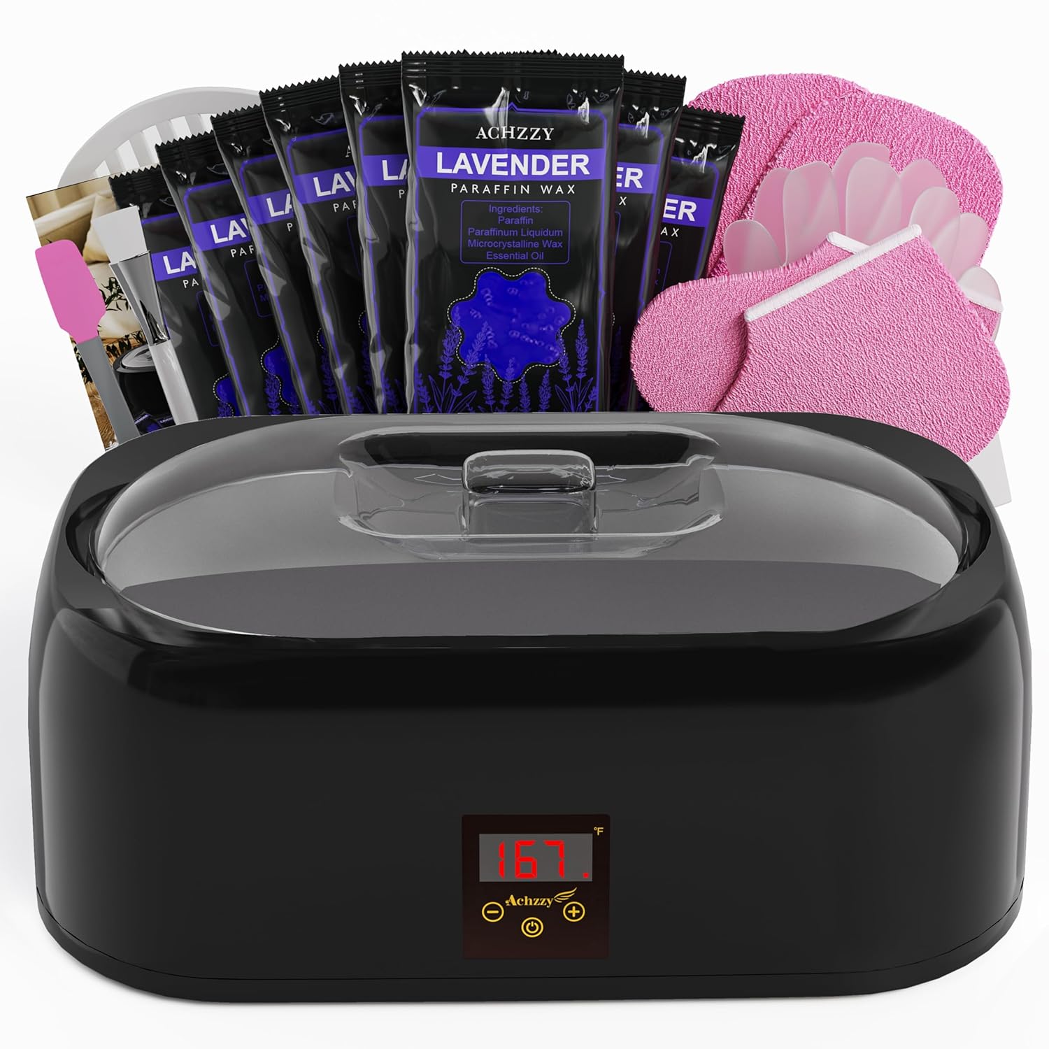 Achzzy paraffin wax machine positioned on a bathroom vanity surrounded by spa accessories and towels