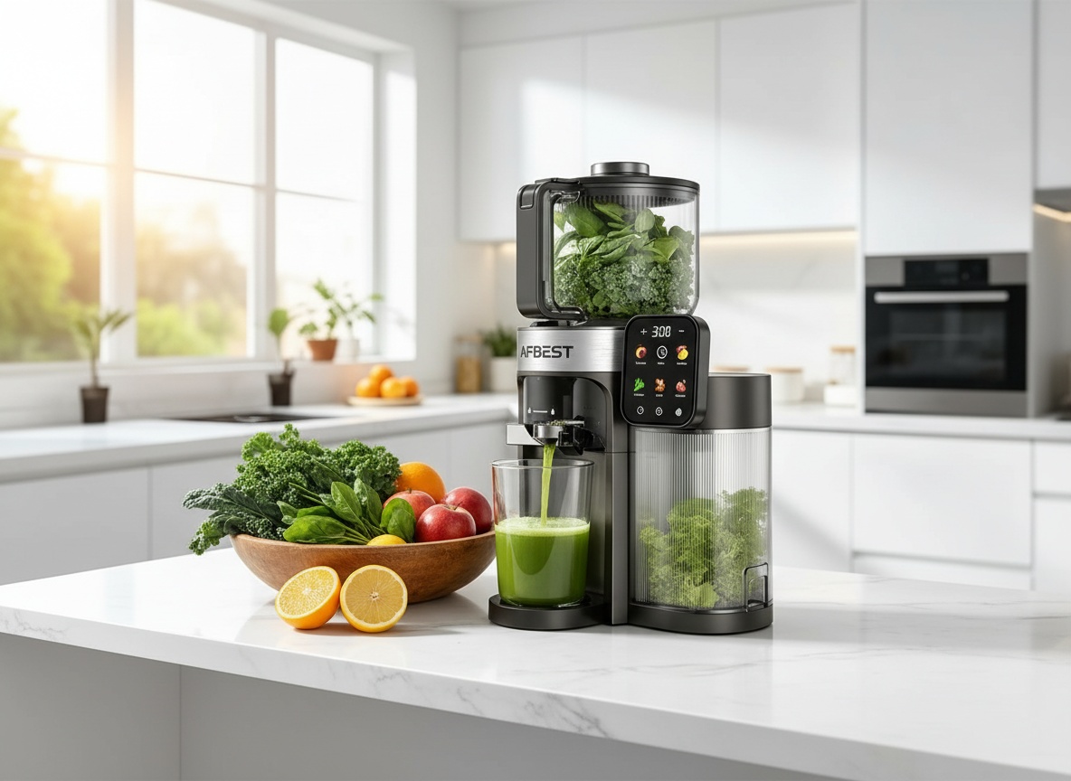 Cold press juicer on a kitchen counter with fresh produce nearby, positioned as part of a full countertop scene