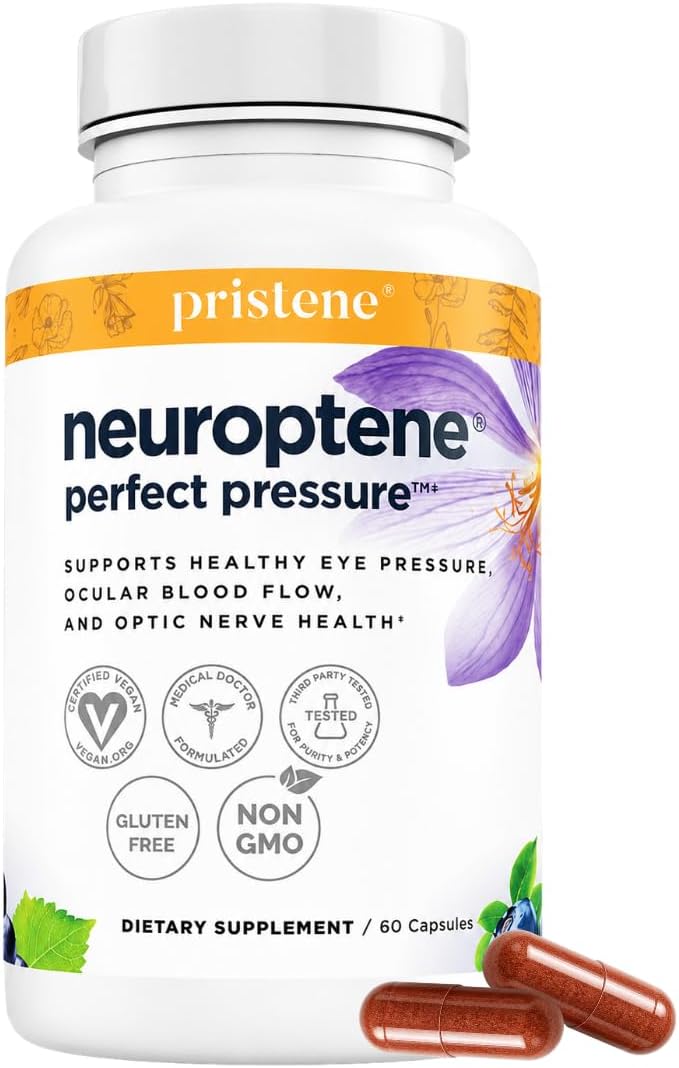 Neuroptene eye vitamin bottle on a kitchen counter surrounded by bilberries, a plant, and water glass in natural light