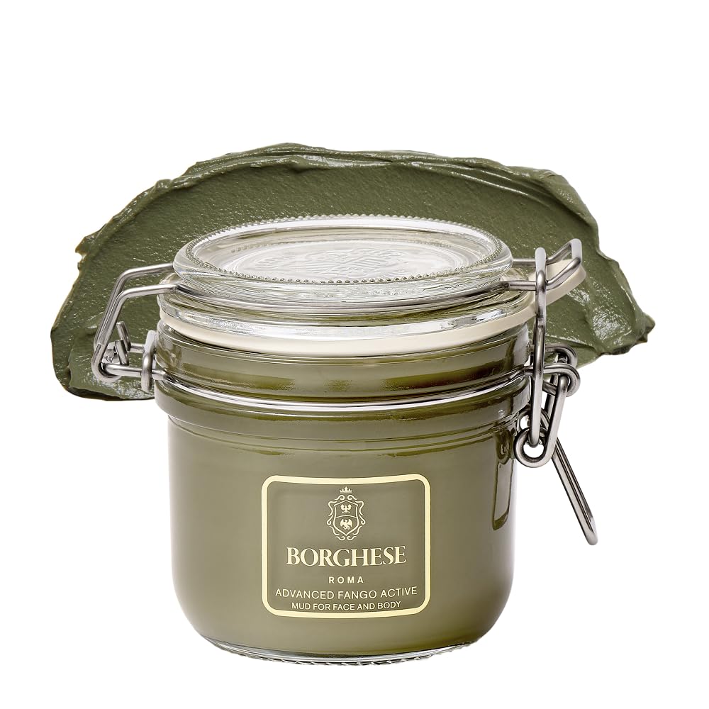 Borghese Fango Active Mud jar on marble vanity with towels and spa accessories in minimalist bathroom