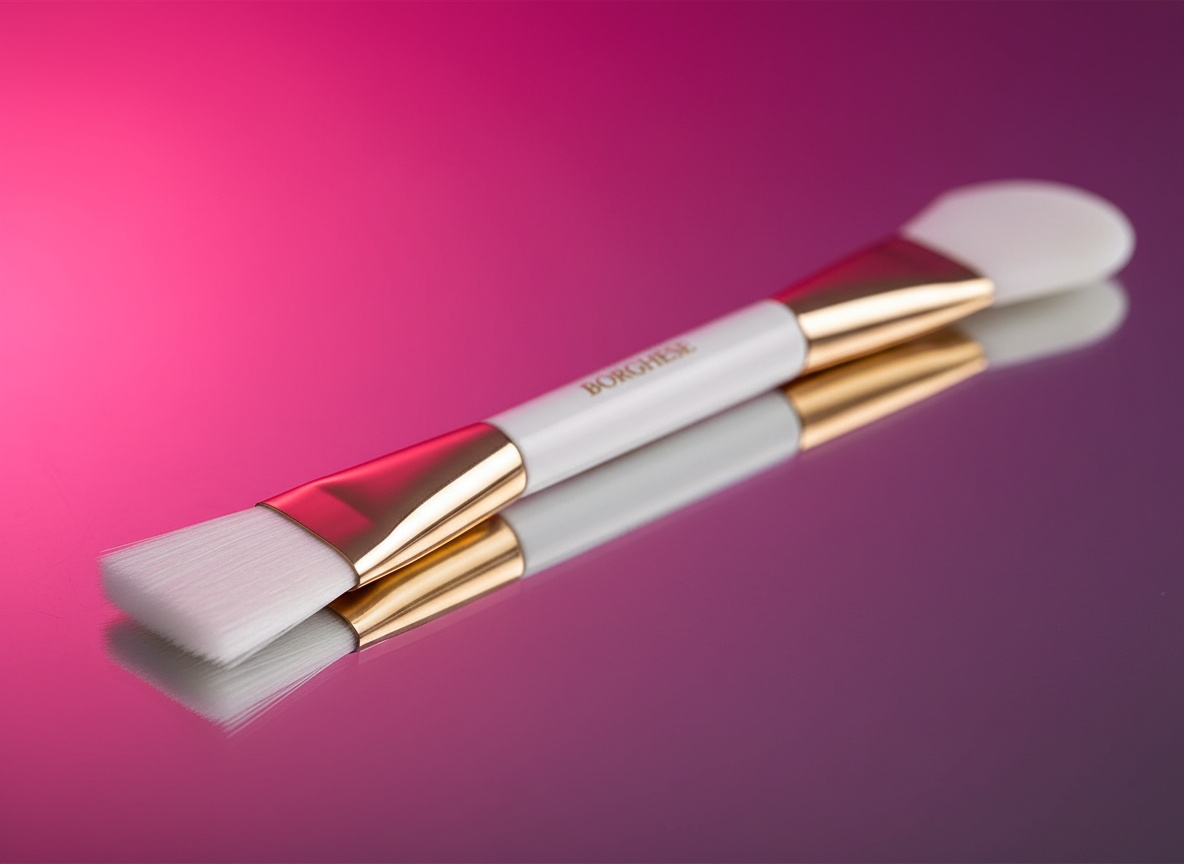 Borghese Deluxe Mask Applicator brush tip in extreme close-up, bristles sharp and detailed against blurred background