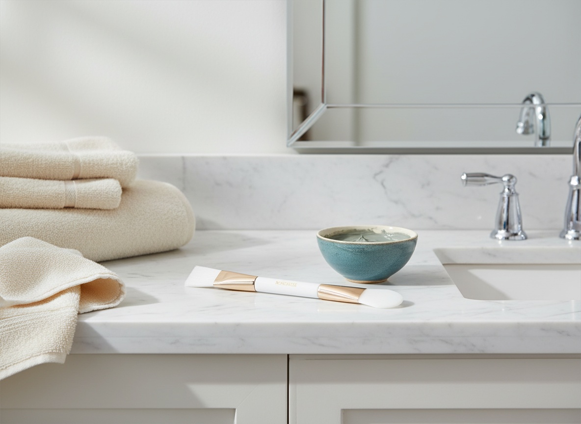 Borghese mask applicator sitting on a bathroom vanity next to a bowl of blue face mask and fluffy towels