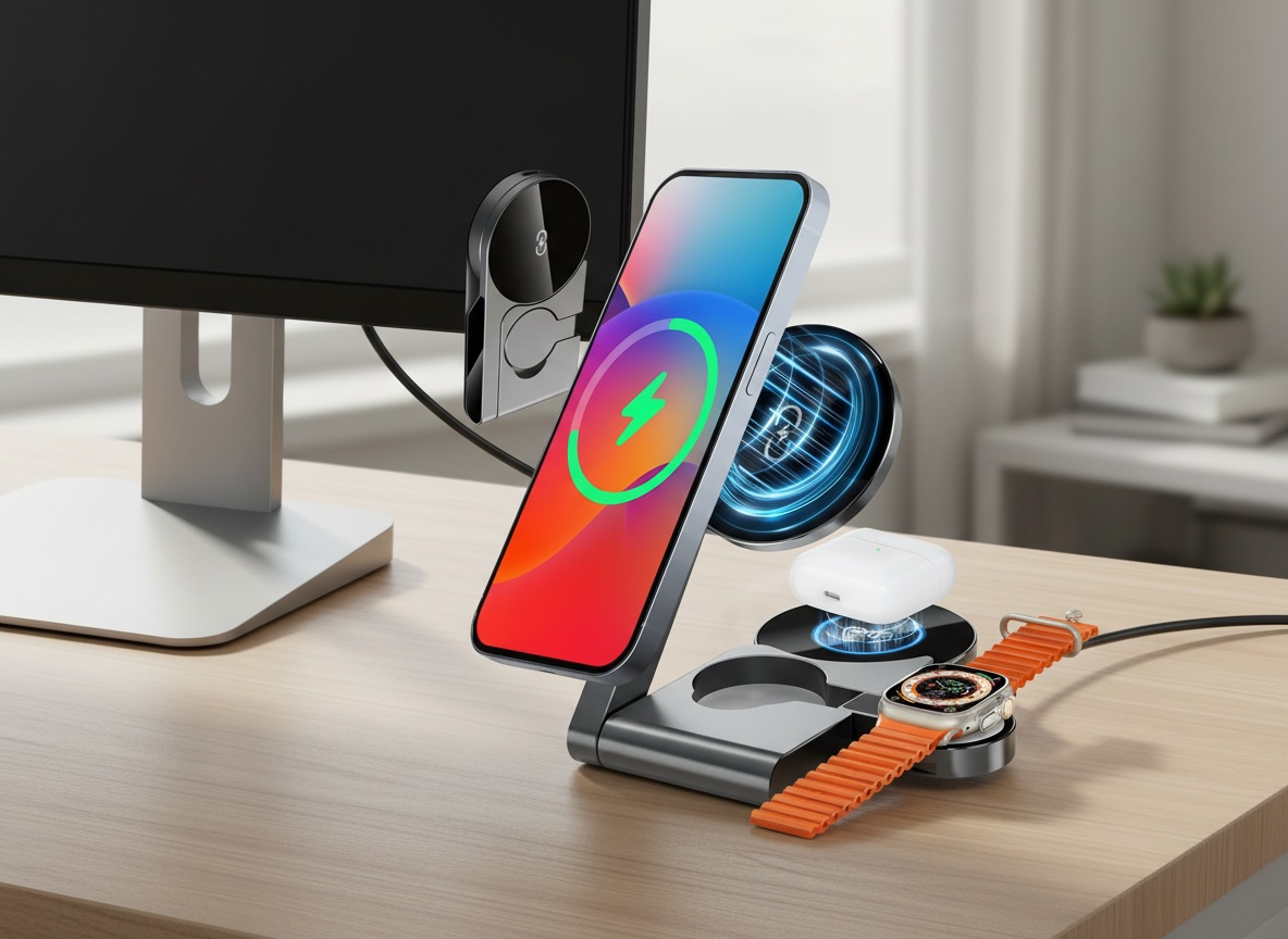 𝟐𝟎𝟐𝟔 3 in 1 Wireless Charging Station Mag-Safe Fast Charging Station for Apple MagSafe Charger, with USB C Charger, Foldable Charging Magnetic Wireless Charger Stand, Space Aluminum Travel Charger Back to School sale deal image 2