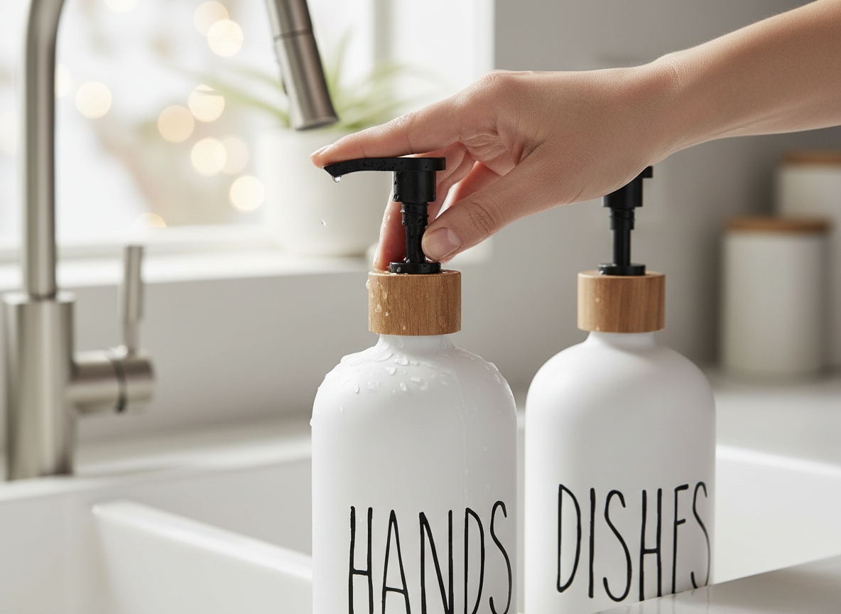 Dish Soap Dispenser for Kitchen,Glass Hand Soap Dispenser, Modern Farmhouse Decorfor Bathroom,Kitchen Decor: A woman pre