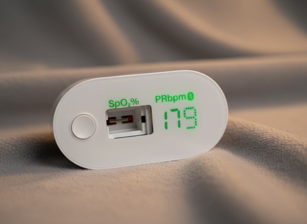 iHealth pulse oximeter extreme close-up showing illuminated display screen and finger opening with shallow depth of field