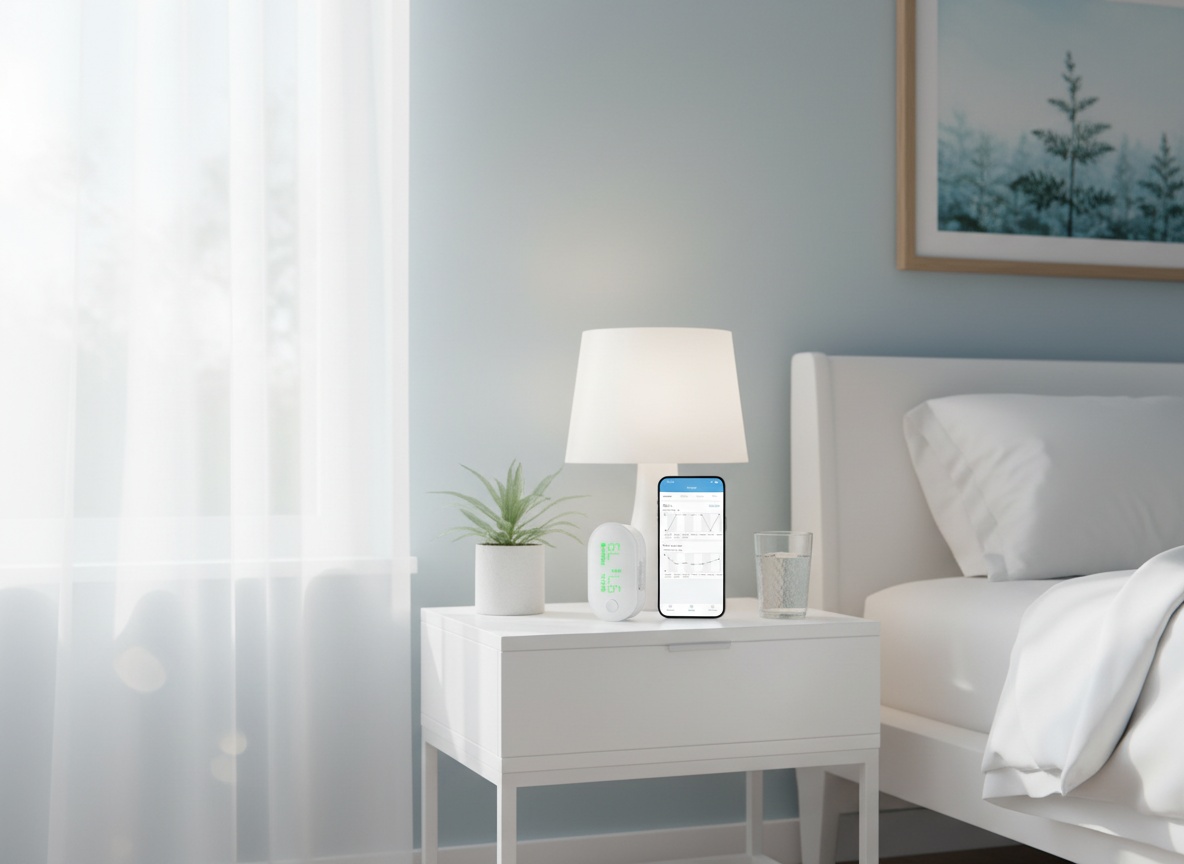 iHealth pulse oximeter on a bedroom nightstand next to a smartphone showing app tracking, with morning light