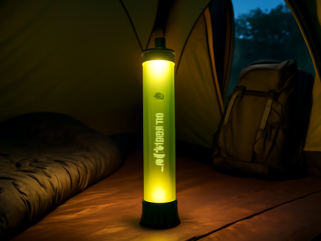 Inflatable solar lantern glowing inside a tent surrounded by camping equipment and sleeping bag