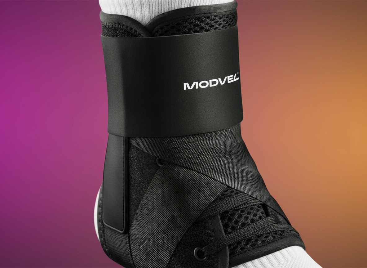 Close-up of MODVEL ankle brace showing Figure 8 straps and soft padding detail