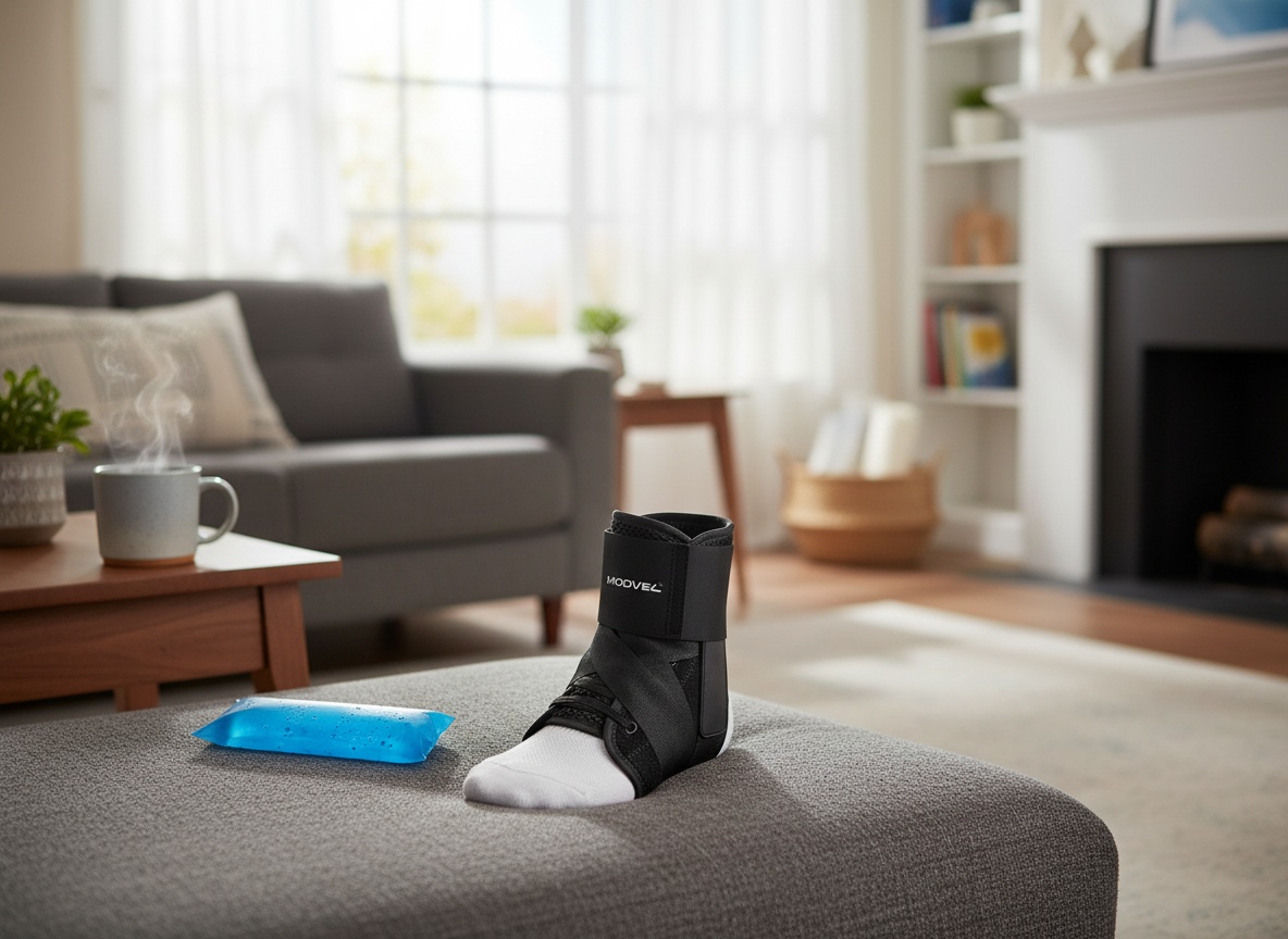 MODVEL ankle brace resting on a couch in a home recovery setting with ice pack and tea nearby