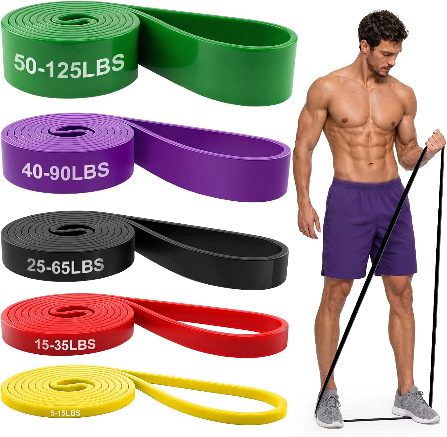 Renoj resistance bands set arranged on a home gym floor near dumbbells and yoga mat in natural light