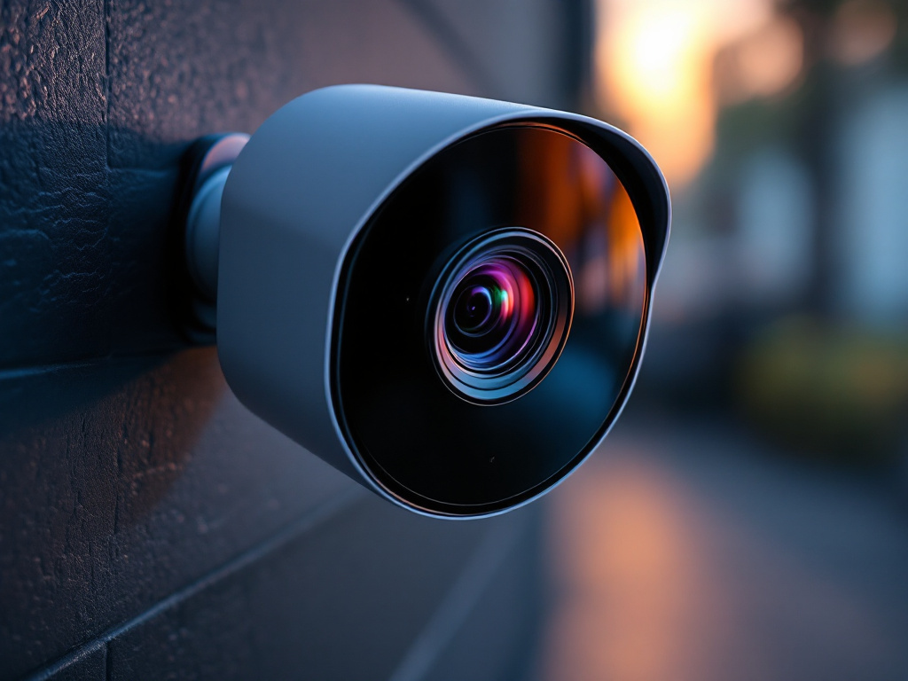 Macro close-up of SYMYNELEC security camera lens and sensor details with shallow focus