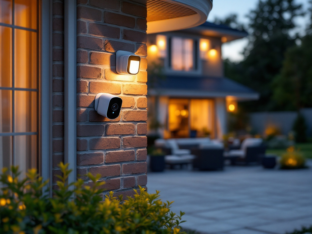 SYMYNELEC wireless camera mounted on brick wall corner of residential home exterior with patio visible