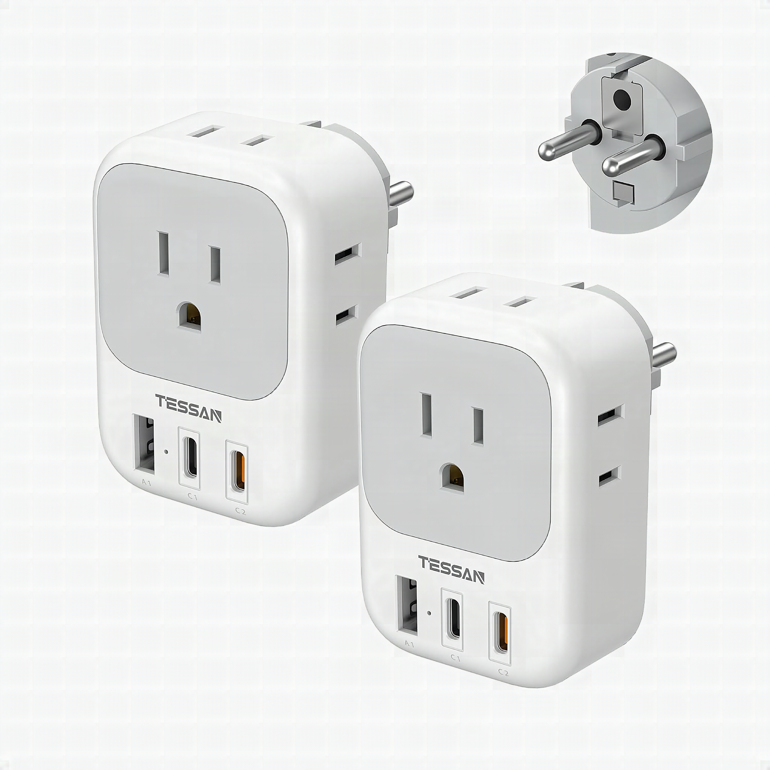 TESSAN Type E F Travel Plug Adapter PD 20W, 7 in 1, 2 Pack | Germany France Power Adaptor, 4 Outlets 3 USB (2 USB-C), So