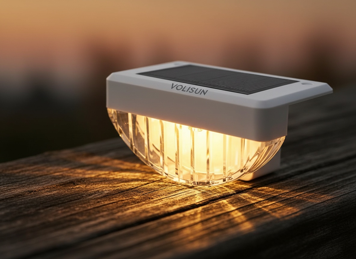 Close-up of a VOLISUN solar deck light's warm white LED glowing brightly against a blurred background