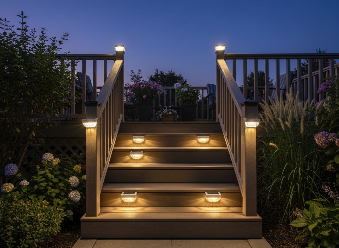 Eight VOLISUN solar lights installed along an outdoor deck staircase at dusk, glowing warmly across the steps