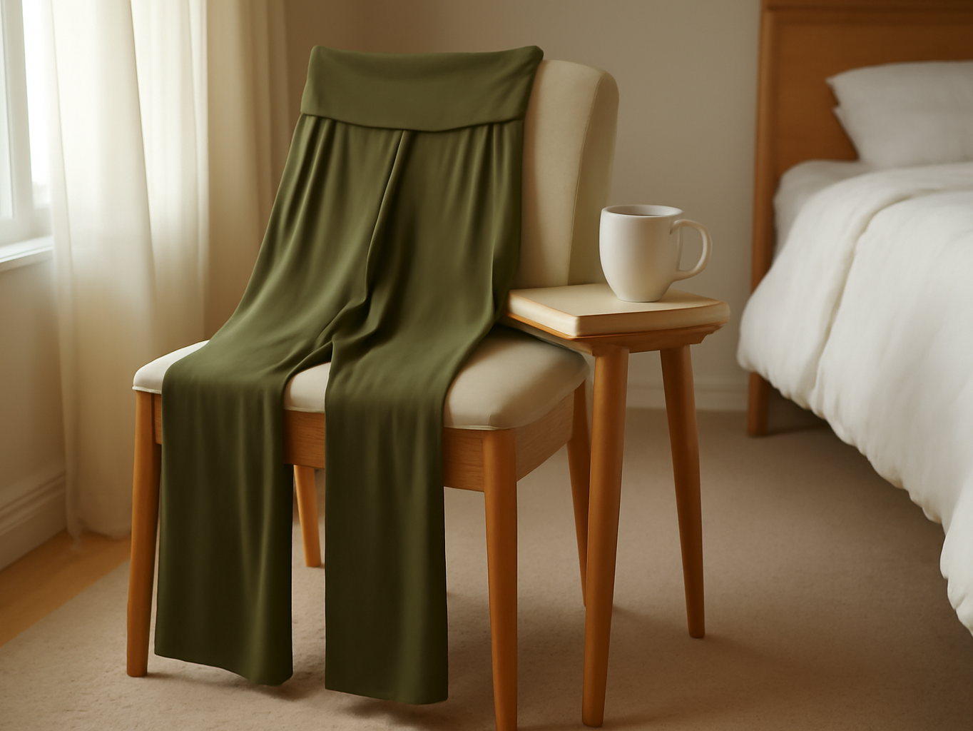 Arolina womens lounge pants folded on a bedroom chair with morning light and home decor surroundings