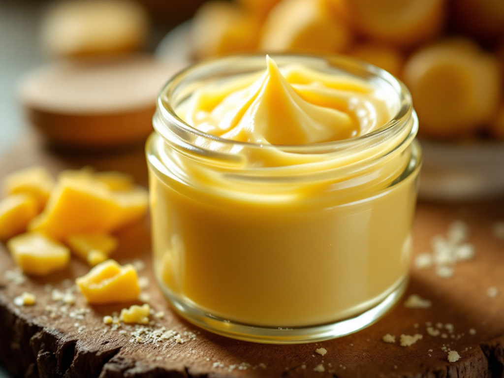 Macro close-up of beef tallow salve in a glass jar with warm golden texture and shallow focus