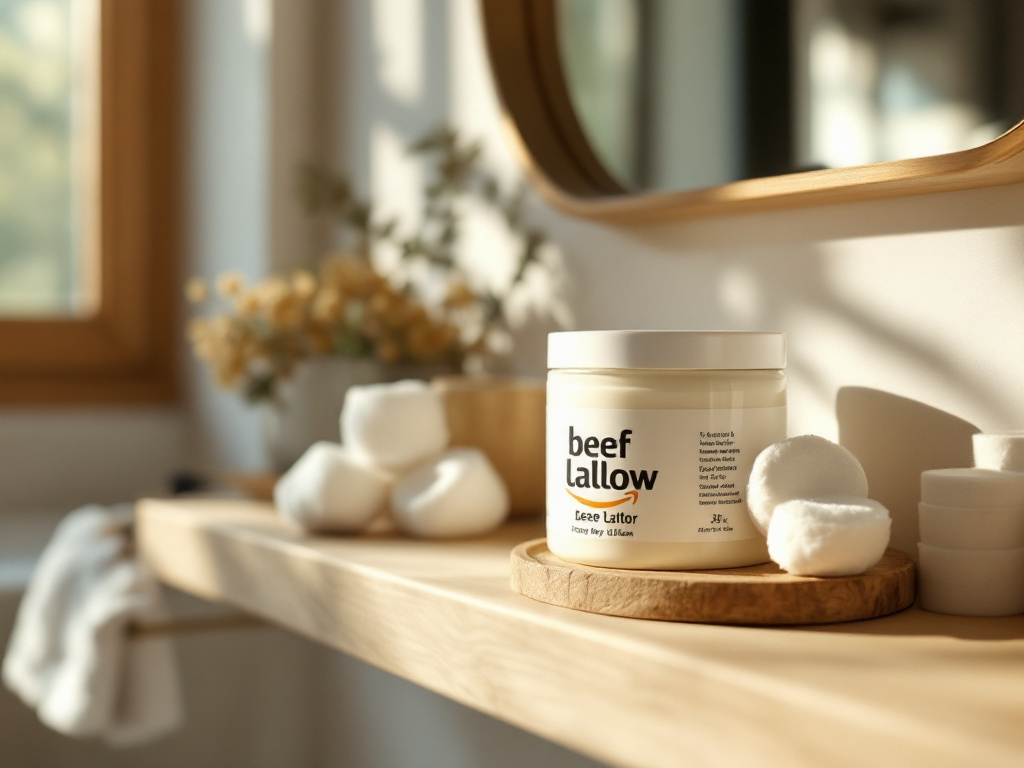 Beef tallow jar on a bathroom vanity shelf surrounded by skincare accessories and natural light