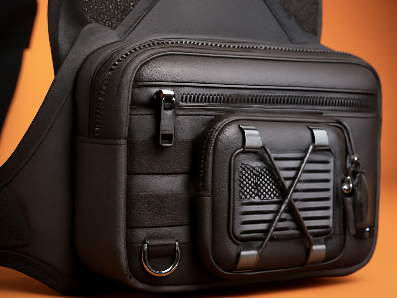Close-up of RXW chest bag's front pocket and tactical webbing with sharp detail on metal hardware