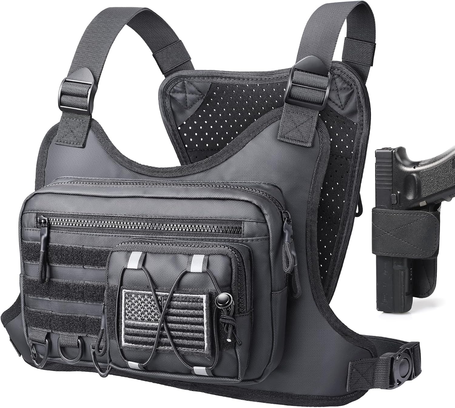 RXW tactical chest pack resting on an airport bench amid travel essentials in a bright terminal