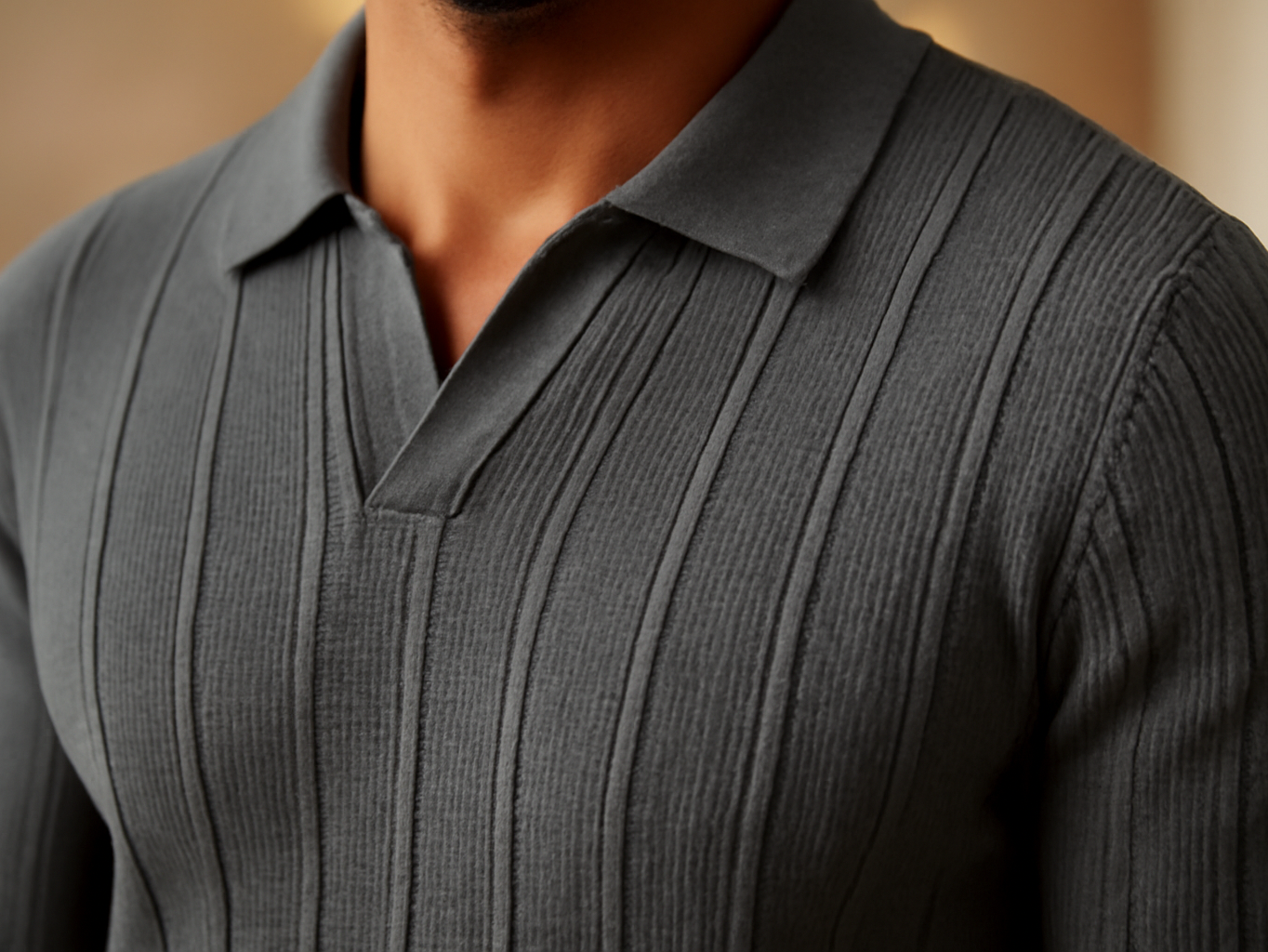 COOFANDY Mens Knit Long Sleeve Polo Shirt Sweater V-Neck Textured Pullover: Man wearing a textured ribbed knit sweater o