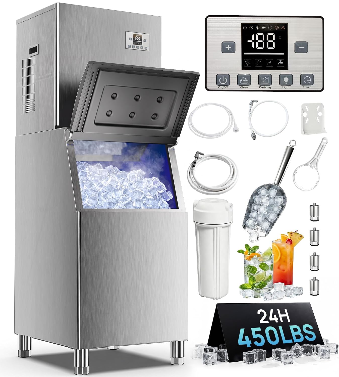 Close-up of Uthfy ice maker's stainless steel dispenser chute and control interface with LED indicators