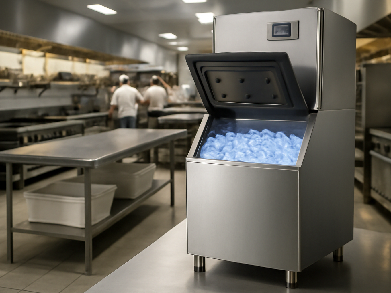 Uthfy ice maker installed on a restaurant kitchen counter amid prep stations and equipment during service