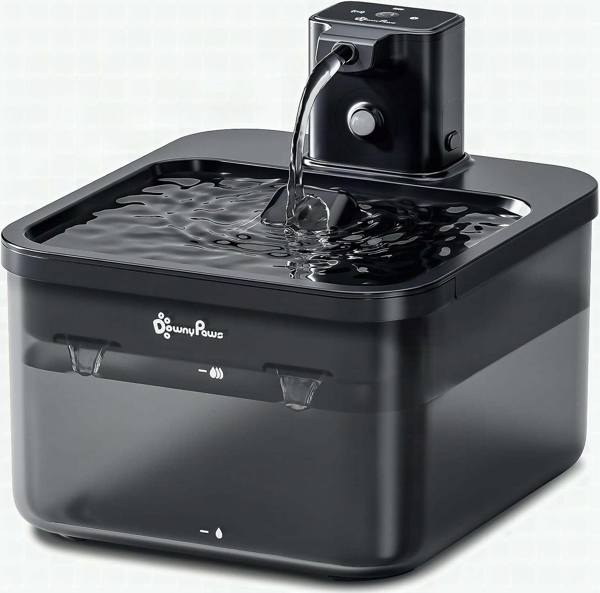 DownyPaws Cat Water Fountain Cordless, Pet Fountain, 84oz/2.5L, Black: A person's hands lifting the removable white wate