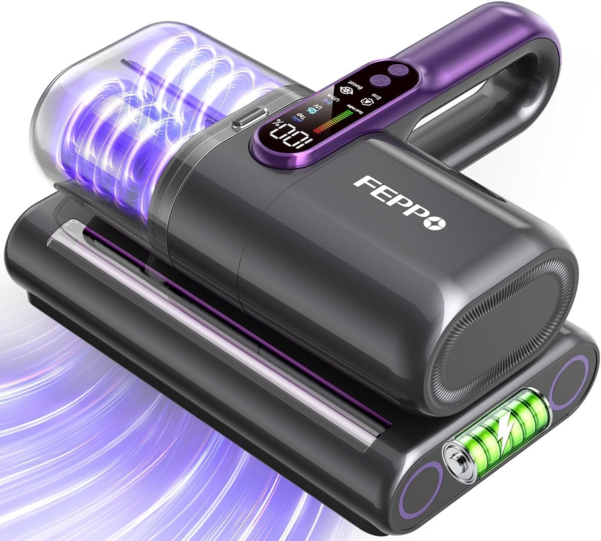 FEPPO mattress vacuum positioned on corner of bedroom bed with pillows and sheets in soft morning light