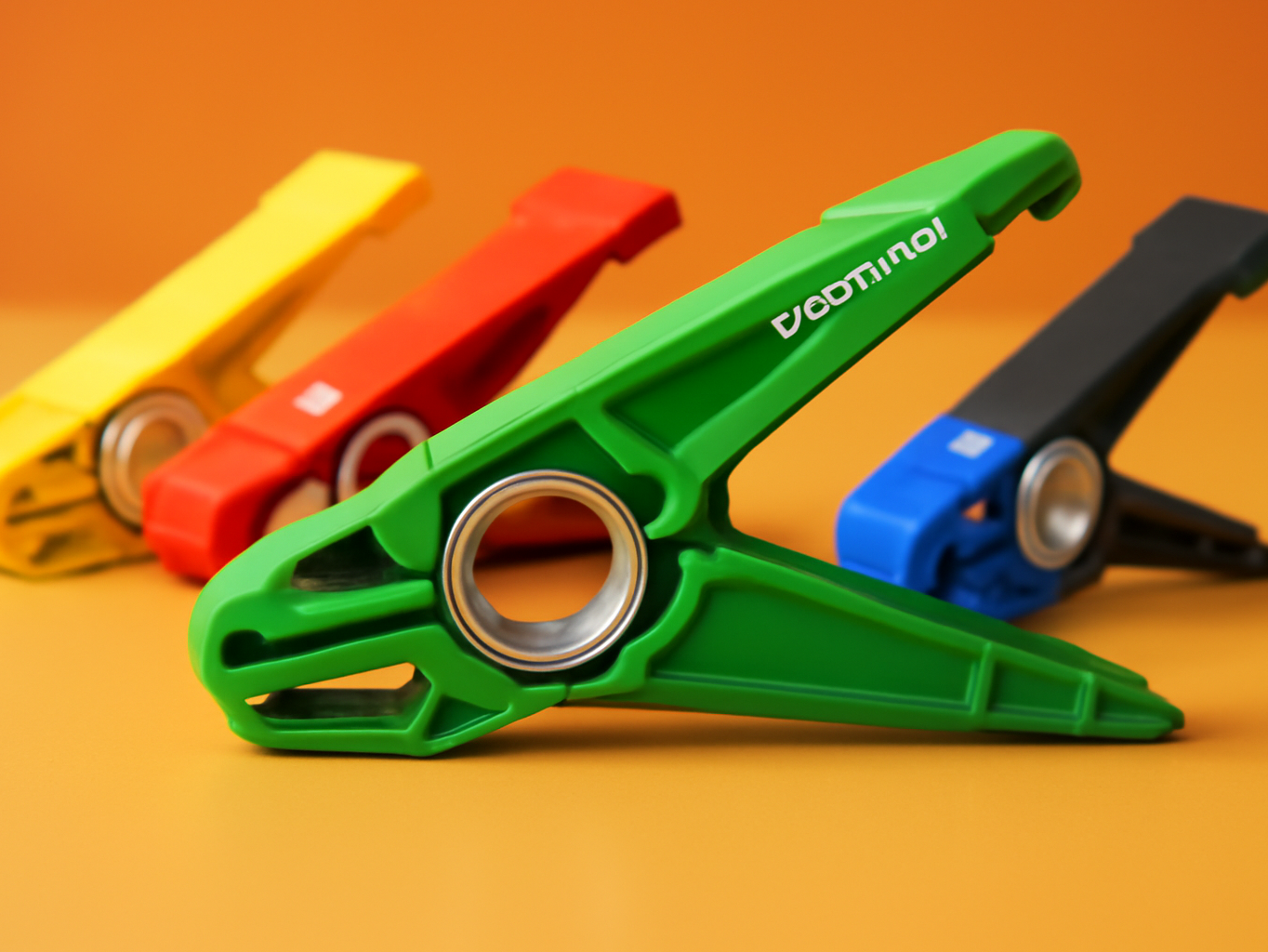 Five colorful FitBeast finger exerciser clips in extreme close-up with shallow depth of field, springs and resistance surfaces in
