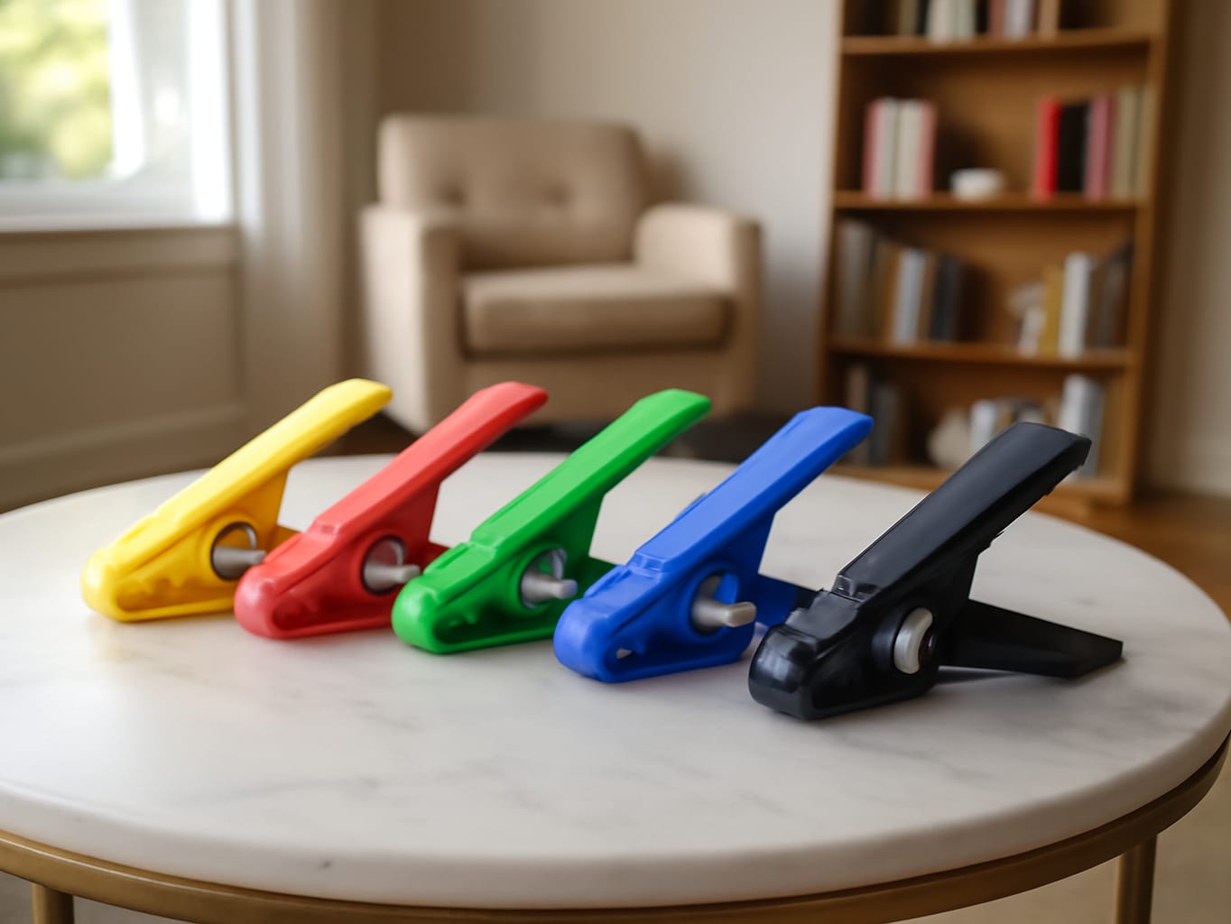 FitBeast finger exerciser set arranged on a marble table in a sunlit home therapy room with furniture and windows visible in backg