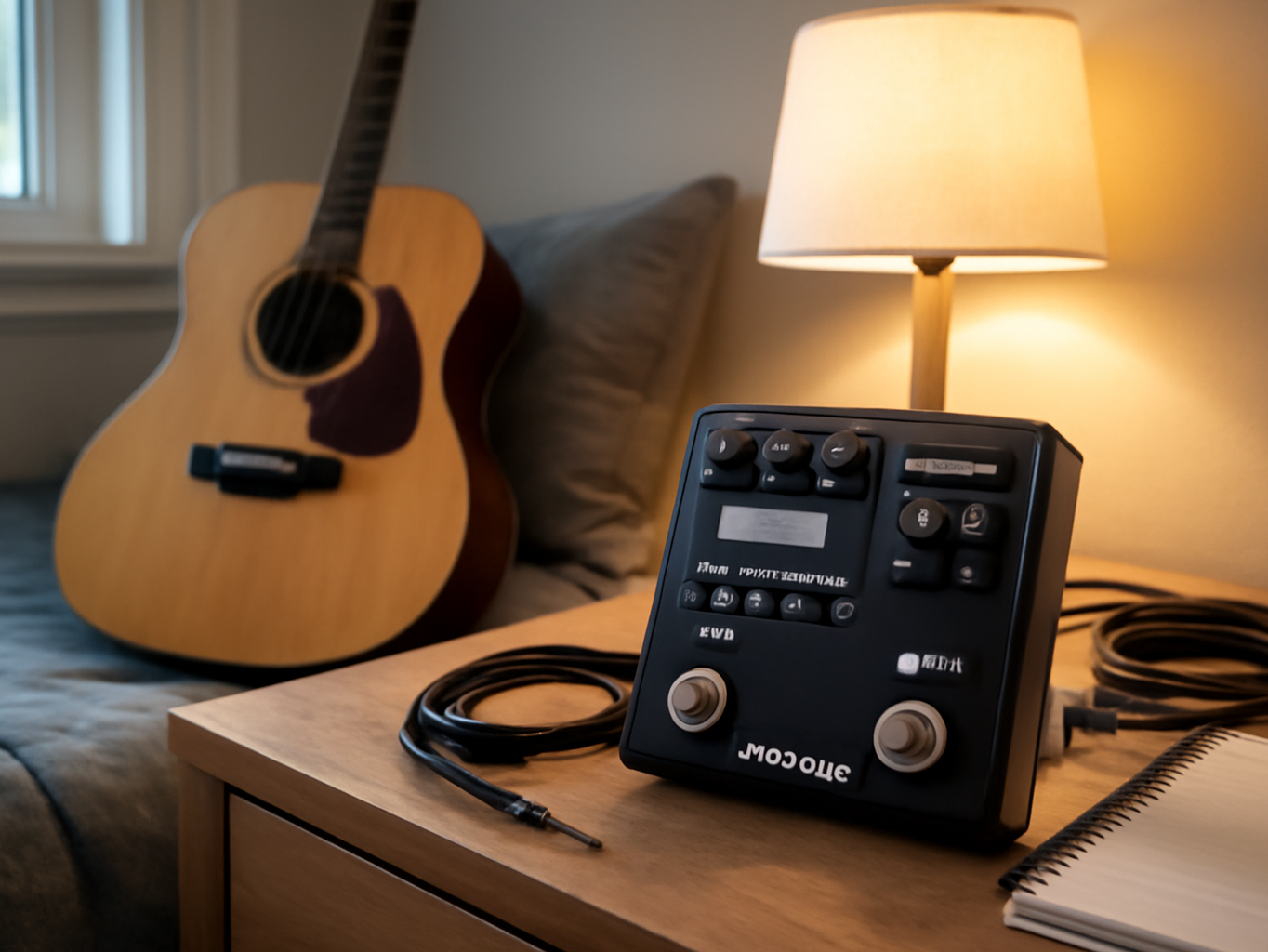 Effects pedal on a nightstand next to guitar cable, notebook, and lamp in a bedroom corner