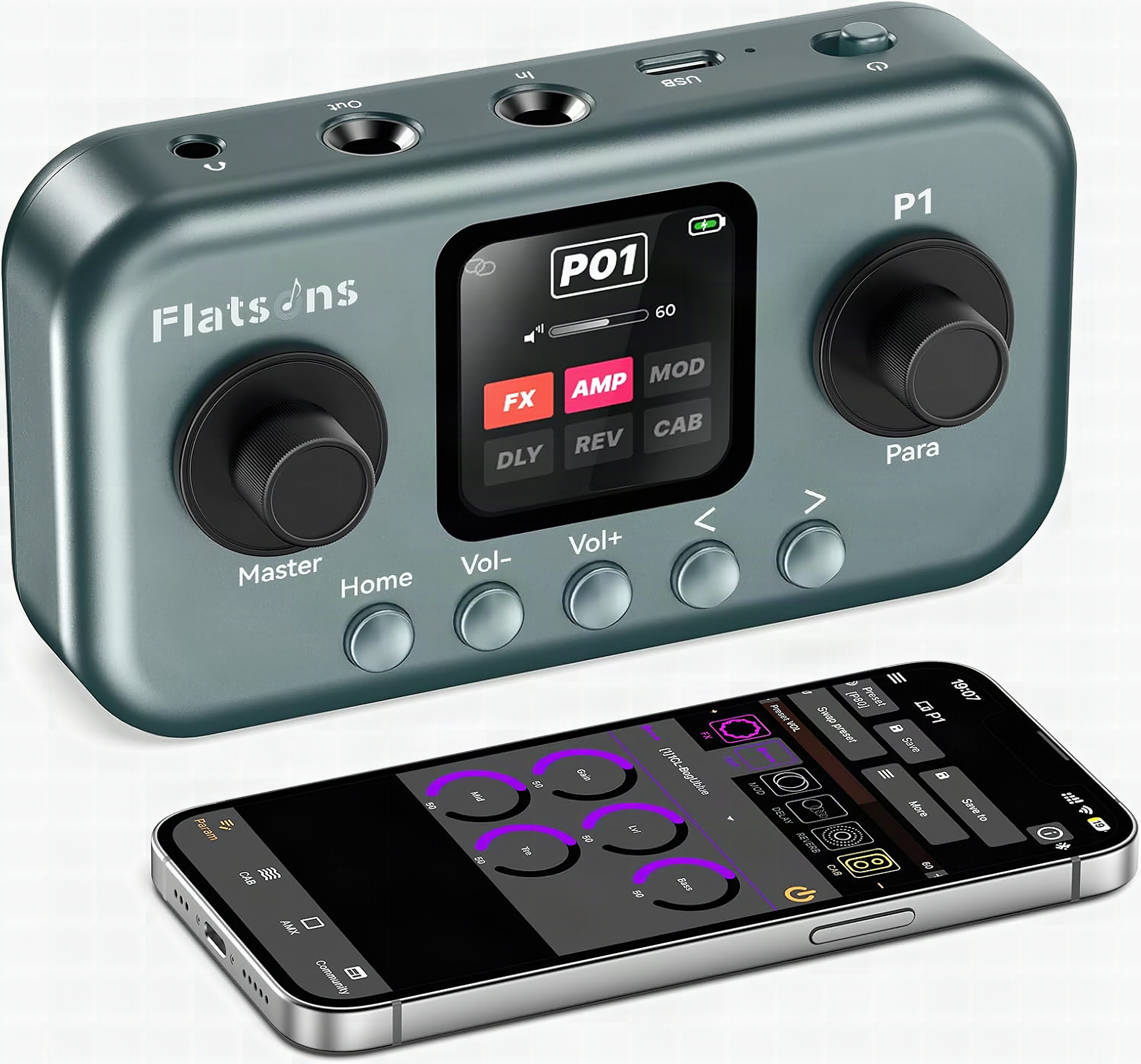 Macro close-up of Flatsons P1 pedal showing illuminated display and control knobs in sharp detail