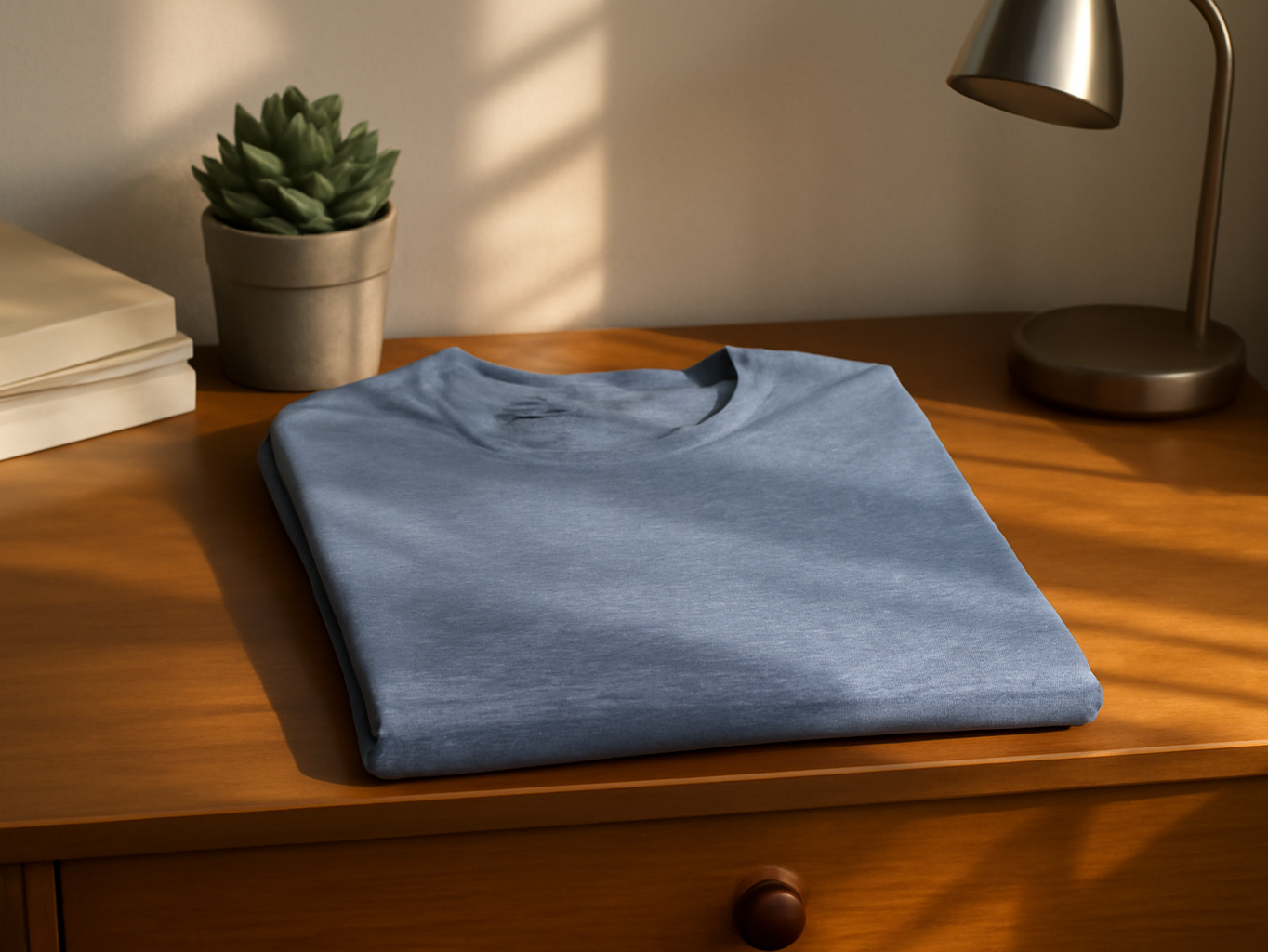 Gracyoga Men's T-Shirt folded on a wooden bedroom dresser with books and decor, bathed in natural morning light