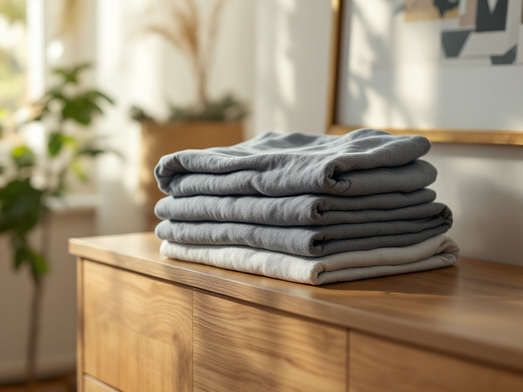 HDLTE long sleeve shirt folded on a bedroom dresser surrounded by other basic clothing items