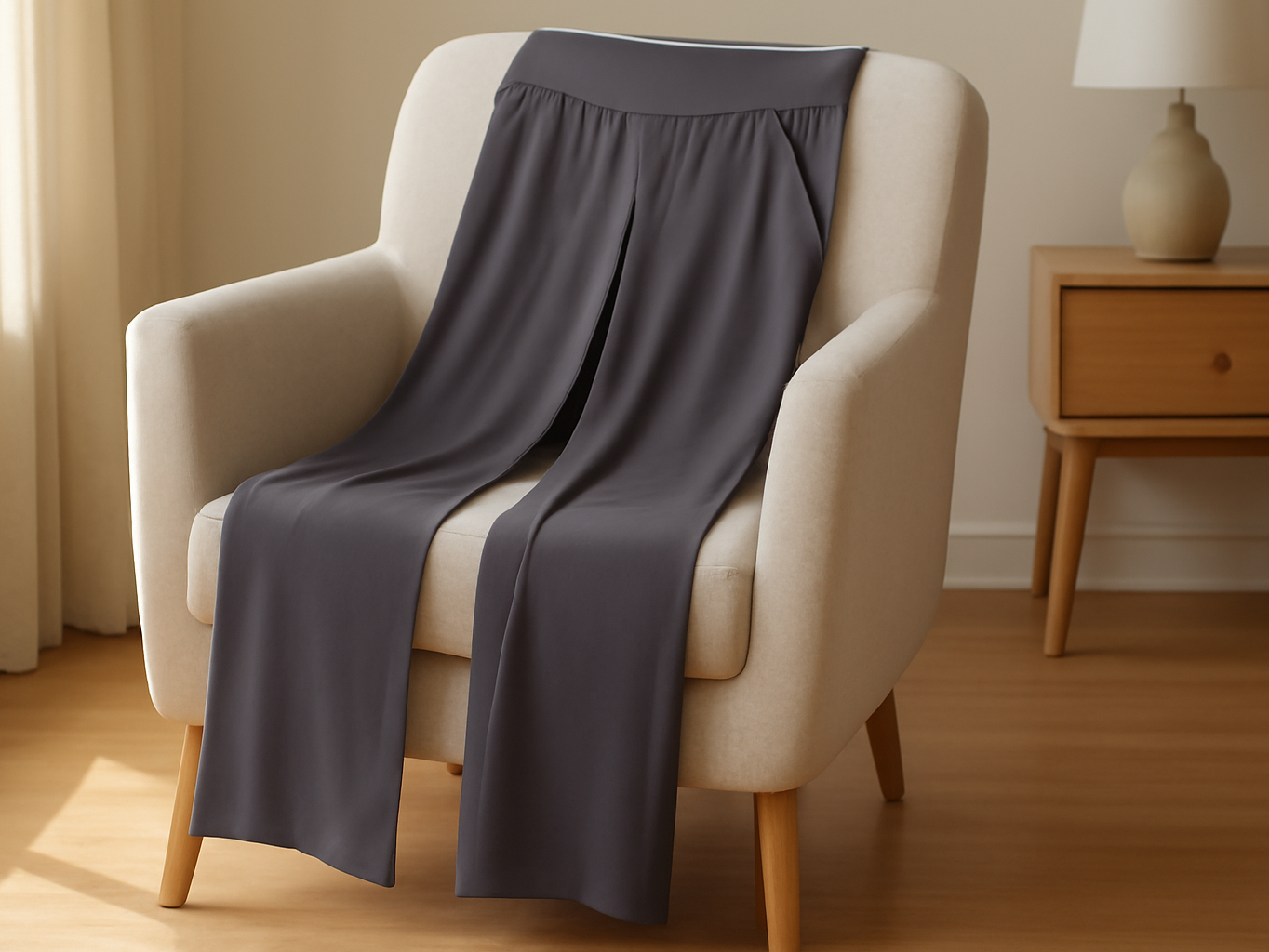 Arolina pajama pants arranged on a bedroom chair with natural sunlight, full bedroom visible behind