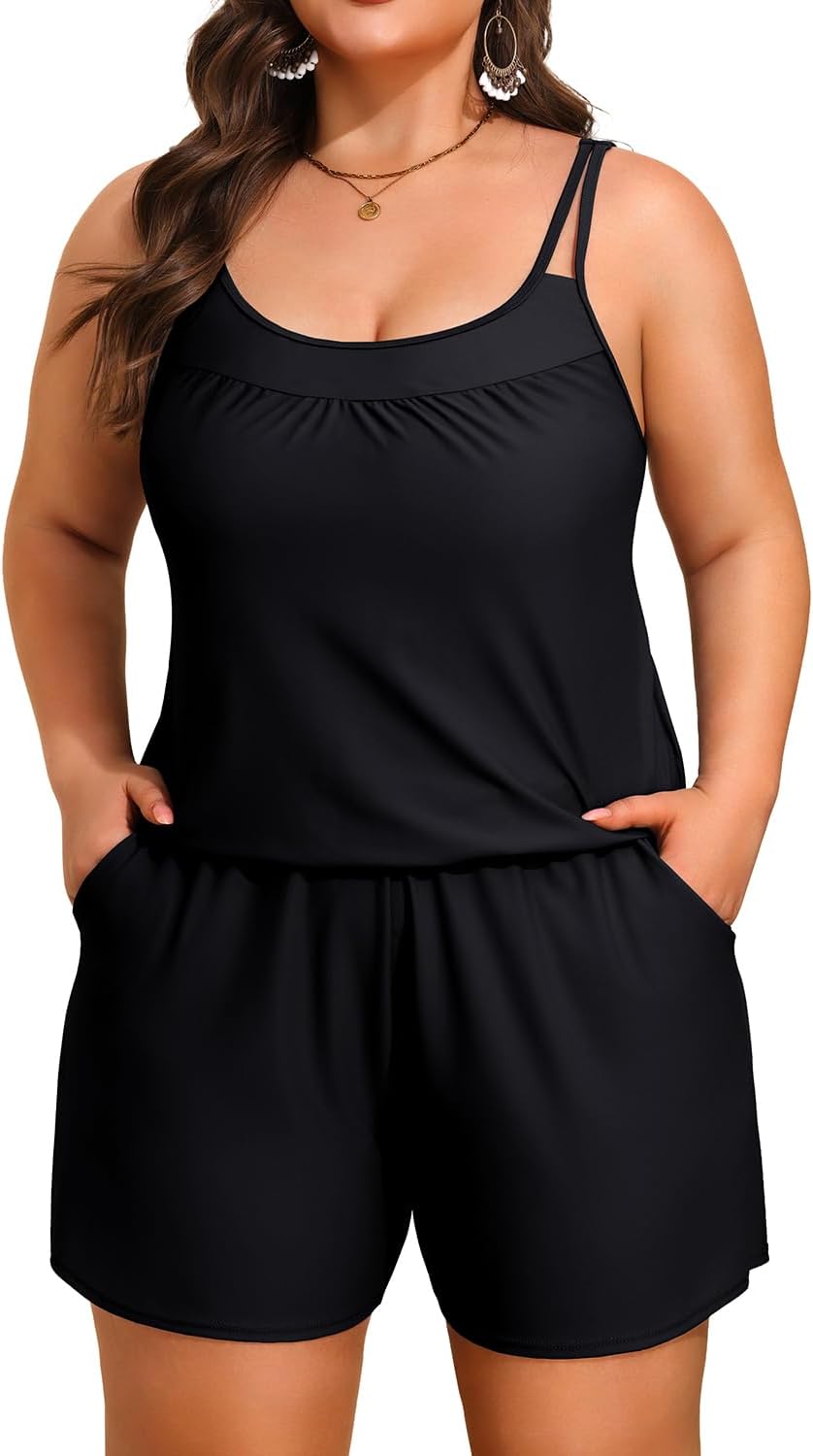 Close-up of HUSKARY swim romper showing fabric weave, seam detail, and shorts hem against blurred background